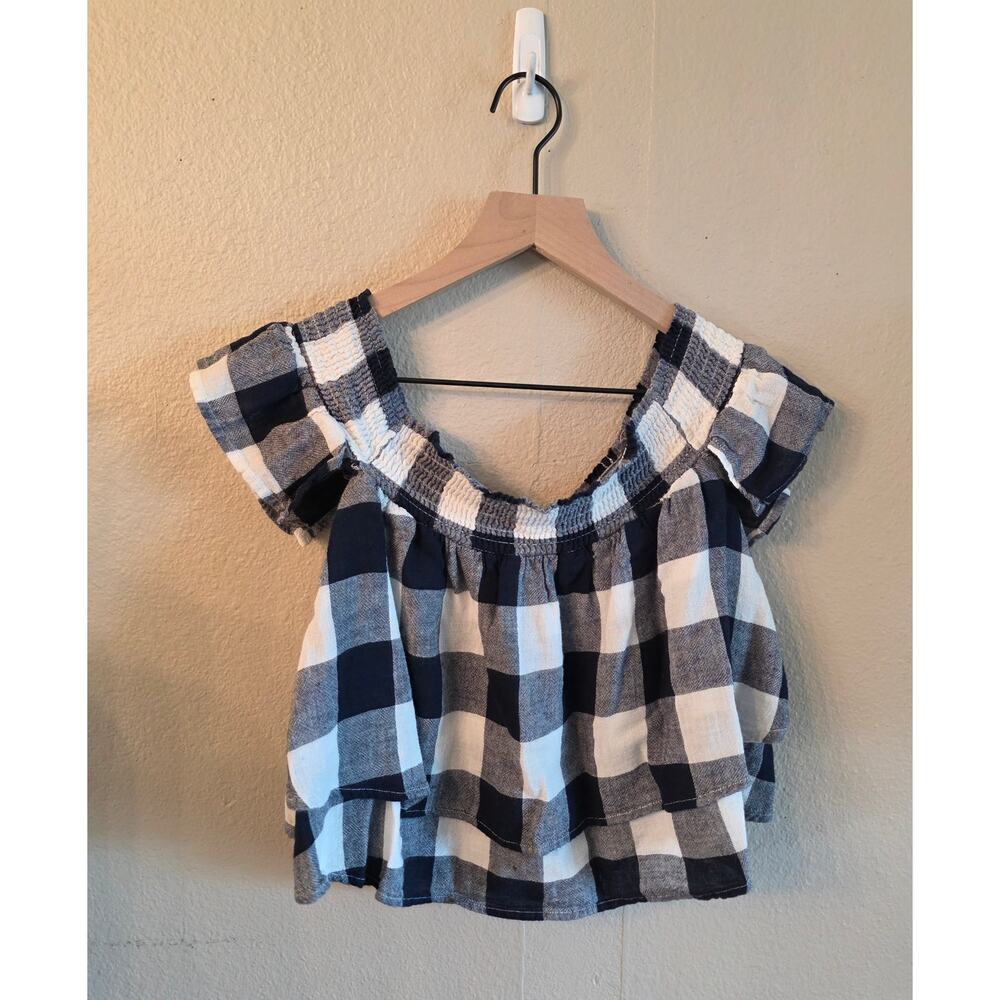 Rails Women's Navy White Checked Off The Shoulder Tiered Top SZ XS